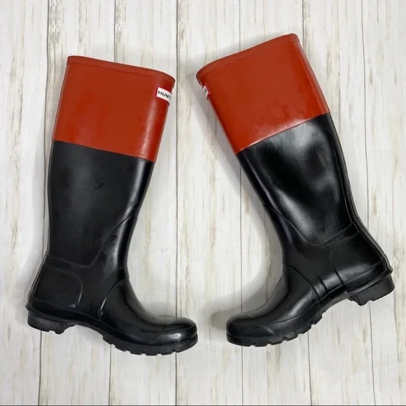 Hunter Orange Red and Black Color Block Rubber Rain Boots - Picture 3 of 11